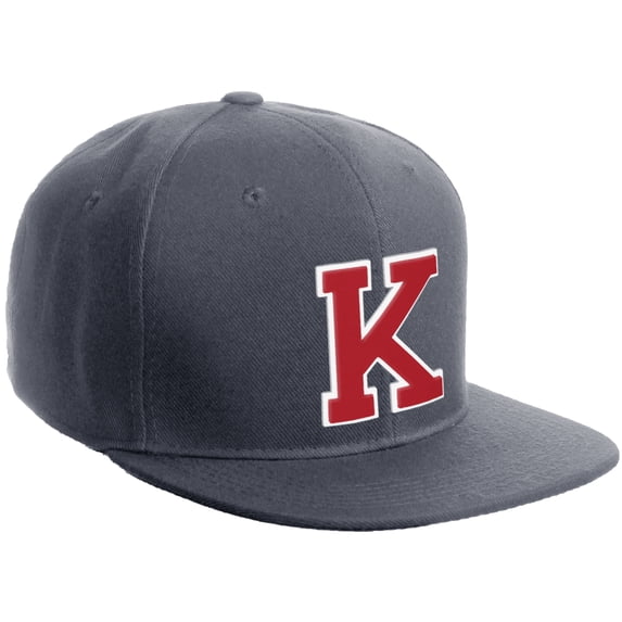 Daxton Classic Snapback Hat Custom A to Z Initial Varsity Letters, Charcoal Hat White Red Letter K