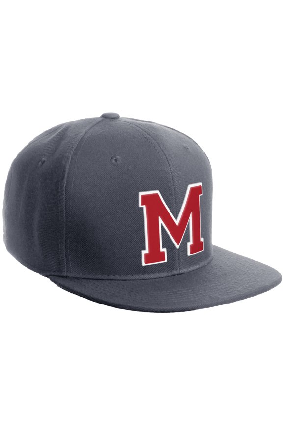 Classic Snapback Hat Custom A to Z Initial Varsity Letters, Charcoal Hat White Red Letter M