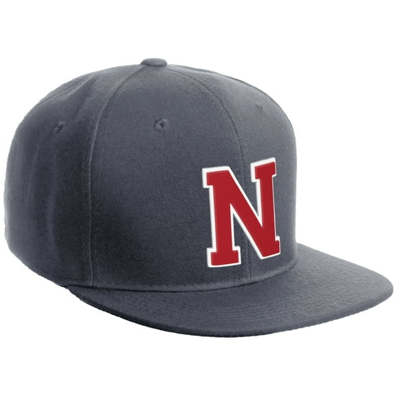 Daxton Classic Snapback Hat Custom A to Z Initial Varsity Letters, Charcoal Hat White Red Letter N