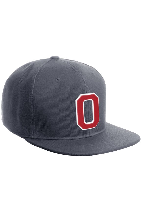 Classic Snapback Hat Custom A to Z Initial Varsity Letters, Charcoal Hat White Red Letter O