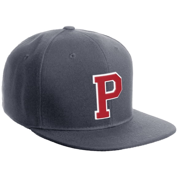 Daxton Classic Snapback Hat Custom A to Z Initial Varsity Letters, Charcoal Hat White Red Letter P