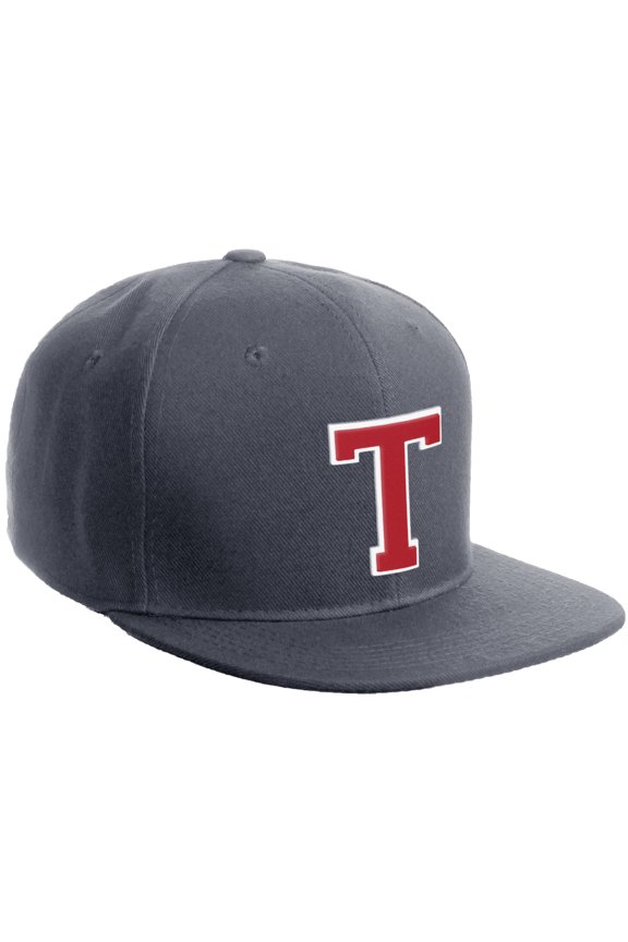 Classic Snapback Hat Custom A to Z Initial Varsity Letters, Charcoal Hat White Red Letter T