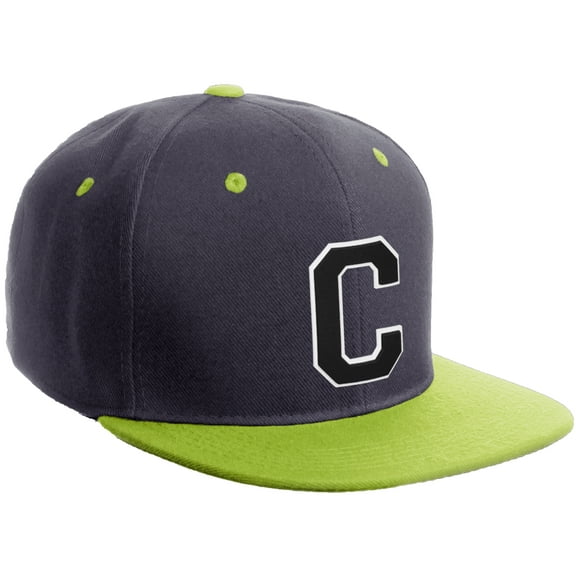 Daxton Classic Snapback Hat Custom A to Z Initial Varsity Letters, Charcoal Lime Hat White Black Letter C