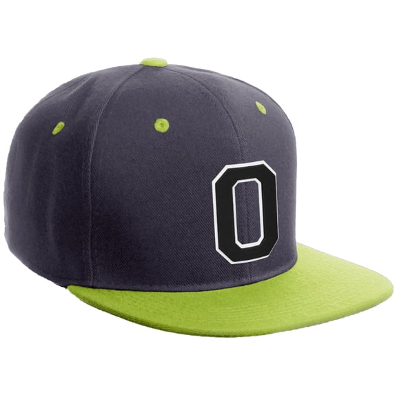 Daxton Classic Snapback Hat Custom A to Z Initial Varsity Letters, Charcoal Lime Hat White Black Letter O