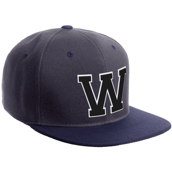 Daxton Classic Snapback Hat Custom A to Z Initial Varsity Letters, Charcoal Navy Hat White Black Letter W