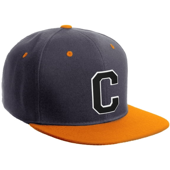 Daxton Classic Snapback Hat Custom A to Z Initial Varsity Letters, Charcoal Orange Hat White Black Letter C