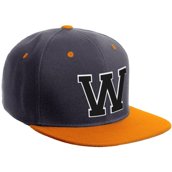 Daxton Classic Snapback Hat Custom A to Z Initial Varsity Letters, Charcoal Orange Hat White Black Letter W
