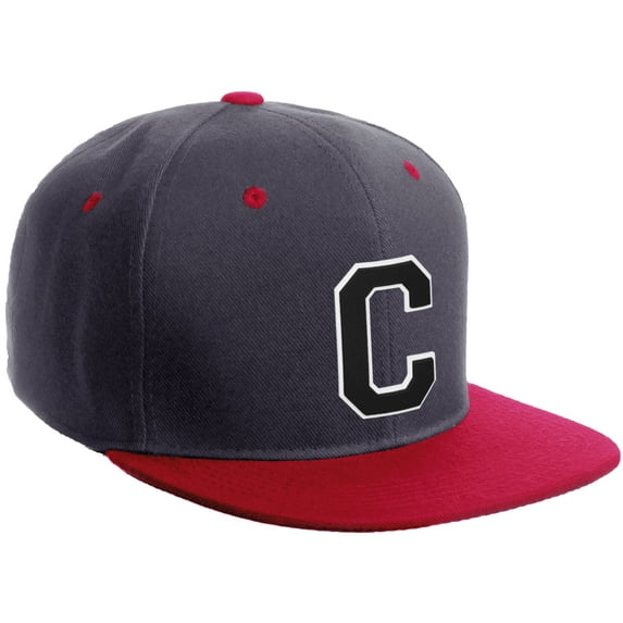 Daxton Classic Snapback Hat Custom A to Z Initial Varsity Letters, Charcoal Red Hat White Black Letter C