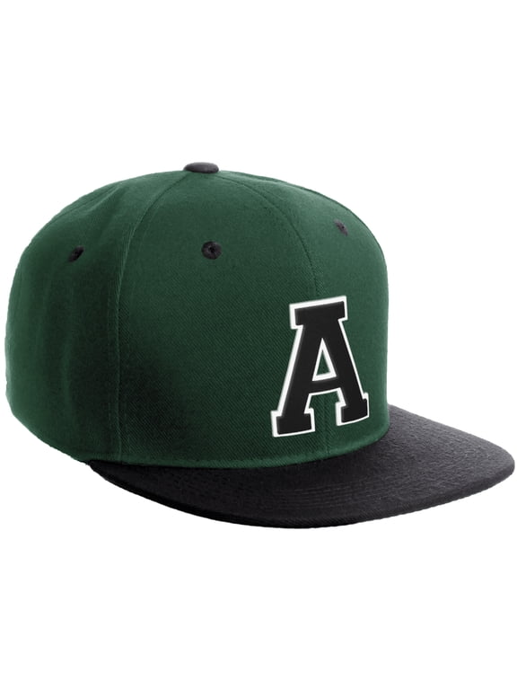 Classic Snapback Hat Custom A to Z Initial Varsity Letters, Dark Green Black Hat White Black Letter A