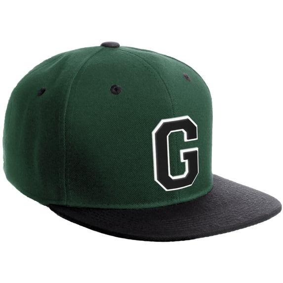 Daxton Classic Snapback Hat Custom A to Z Initial Varsity Letters, Dark Green Black Hat White Black Letter G
