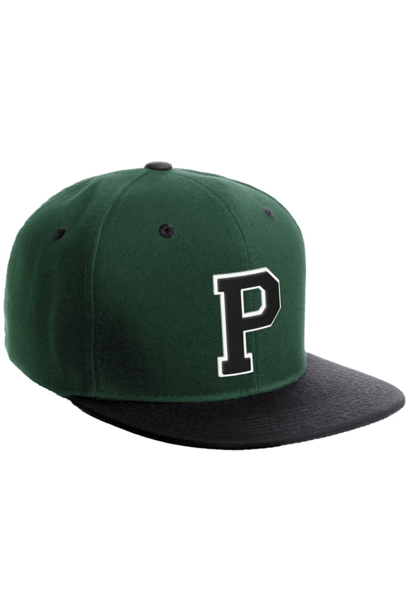 Classic Snapback Hat Custom A to Z Initial Varsity Letters, Dark Green Black Hat White Black Letter P