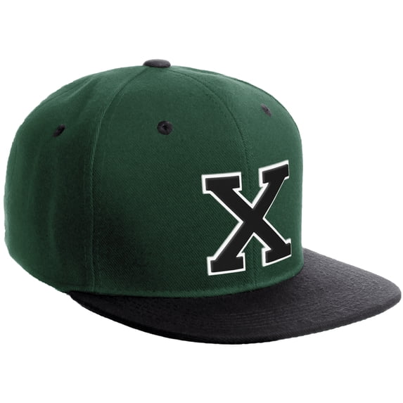 Daxton Classic Snapback Hat Custom A to Z Initial Varsity Letters, Dark Green Black Hat White Black Letter X