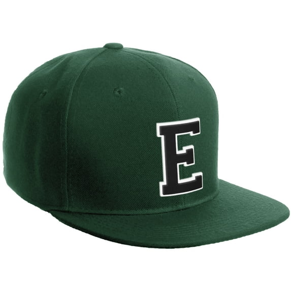 Daxton Classic Snapback Hat Custom A to Z Initial Varsity Letters, Dark Green Hat White Black Letter E