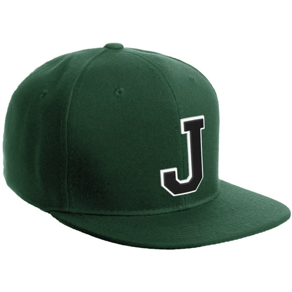 Daxton Classic Snapback Hat Custom A to Z Initial Varsity Letters, Dark Green Hat White Black Letter J