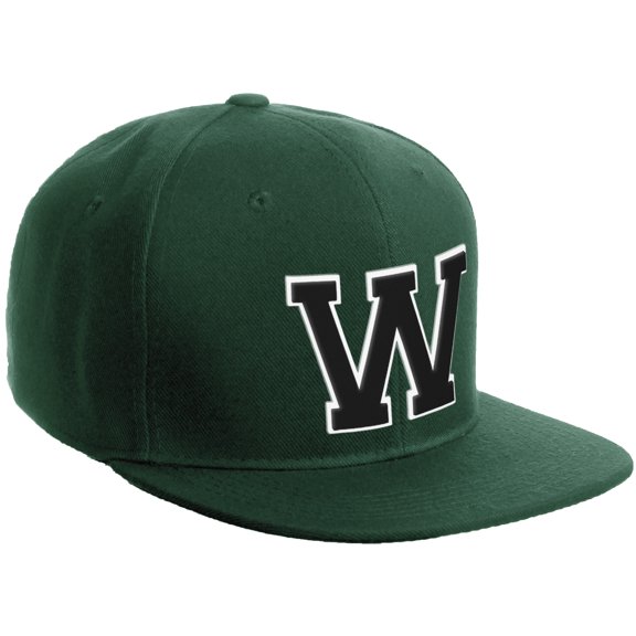 Daxton Classic Snapback Hat Custom A to Z Initial Varsity Letters, Dark Green Hat White Black Letter W