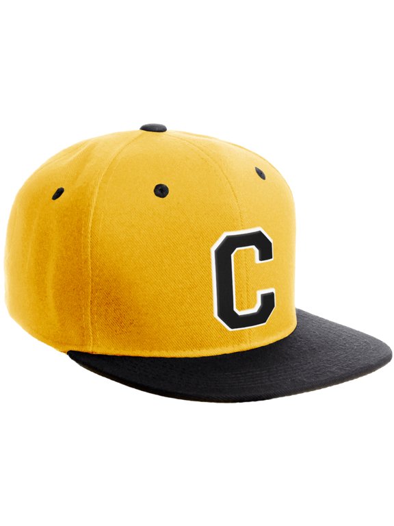 Classic Snapback Hat Custom A to Z Initial Varsity Letters, Gold Black Hat White Black Letter C