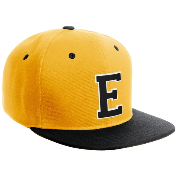 Daxton Classic Snapback Hat Custom A to Z Initial Varsity Letters, Gold Black Hat White Black Letter E