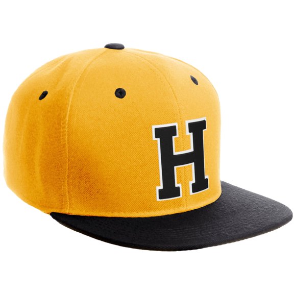 Daxton Classic Snapback Hat Custom A to Z Initial Varsity Letters, Gold Black Hat White Black Letter H