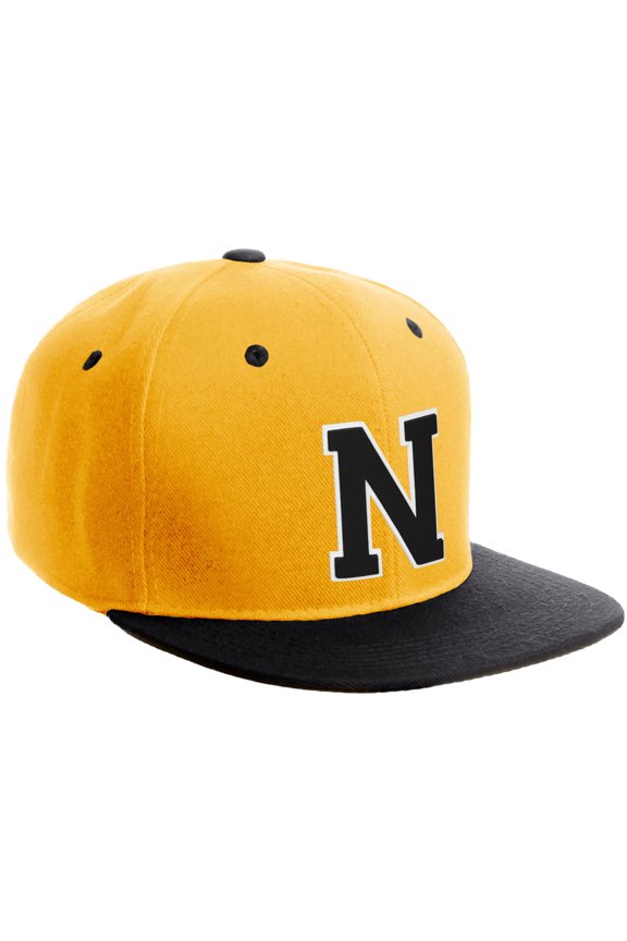 Classic Snapback Hat Custom A to Z Initial Varsity Letters, Gold Black Hat White Black Letter N