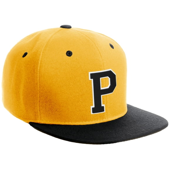 Daxton Classic Snapback Hat Custom A to Z Initial Varsity Letters, Gold Black Hat White Black Letter P