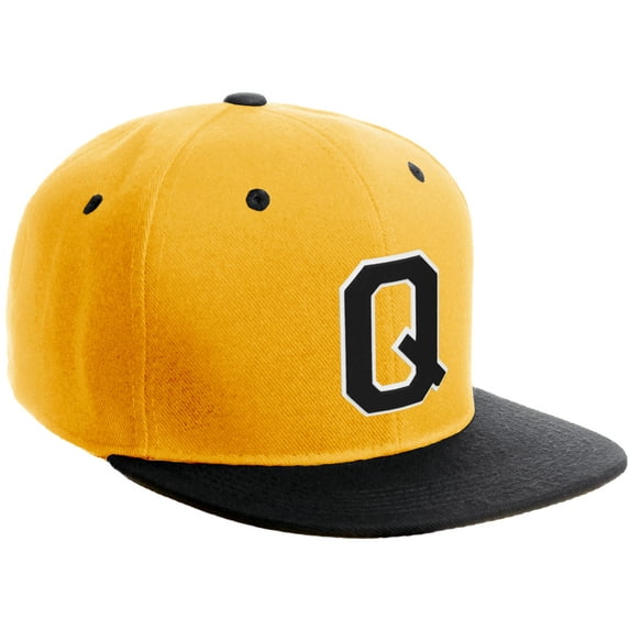 Daxton Classic Snapback Hat Custom A to Z Initial Varsity Letters, Gold Black Hat White Black Letter Q