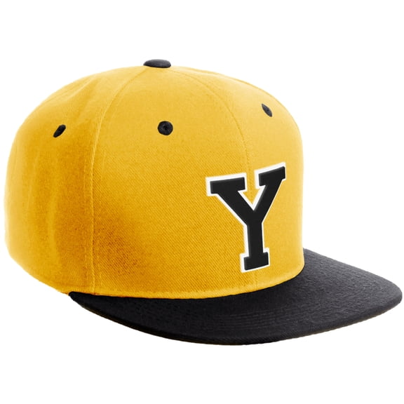Daxton Classic Snapback Hat Custom A to Z Initial Varsity Letters, Gold Black Hat White Black Letter Y