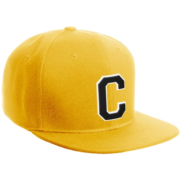 Daxton Classic Snapback Hat Custom A to Z Initial Varsity Letters, Gold Gold Hat White Black Letter C