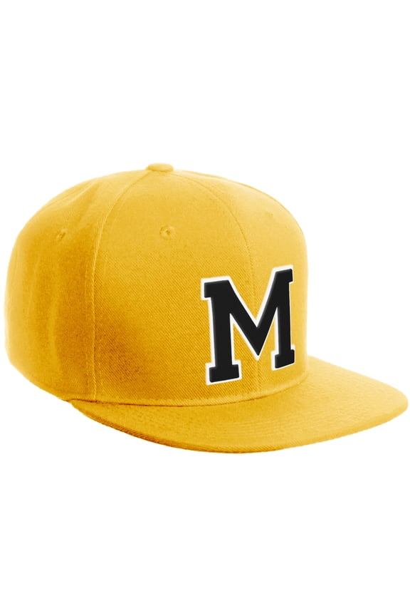 Classic Snapback Hat Custom A to Z Initial Varsity Letters, Gold Gold Hat White Black Letter M