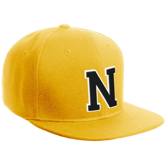 Daxton Classic Snapback Hat Custom A to Z Initial Varsity Letters, Gold Gold Hat White Black Letter N