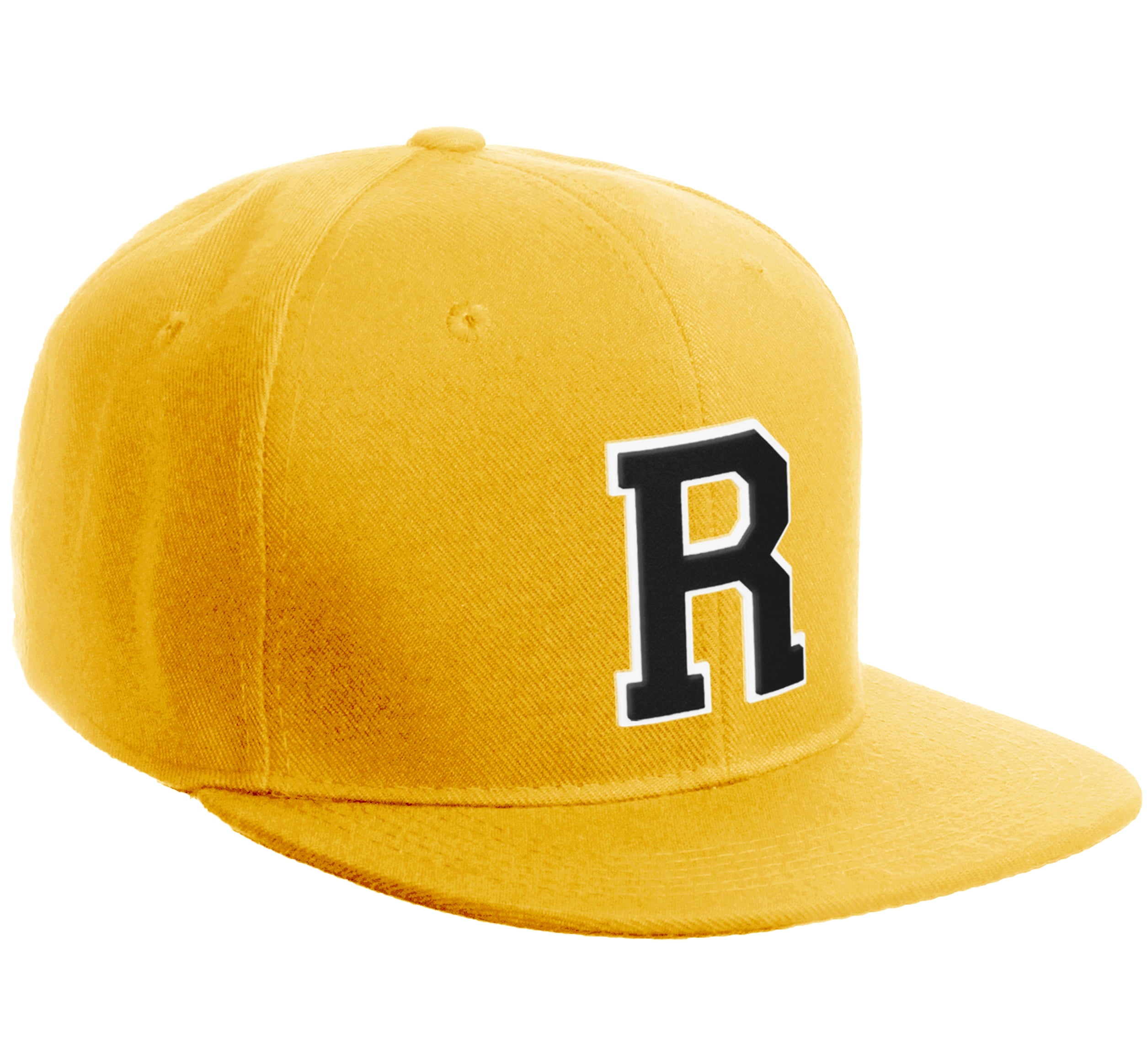 Custom Initial Snapback Hat - Raised Letters A To Z, Black Cap With White & Gold, Adjustable Flat Bill
