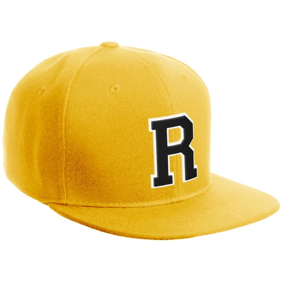 Daxton Classic Snapback Hat Custom A to Z Initial Varsity Letters, Gold Gold Hat White Black Letter R