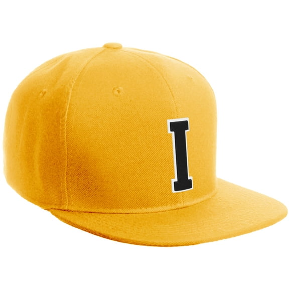 Daxton Classic Snapback Hat Custom A to Z Initial Varsity Letters, Gold Hat White Black Letter I