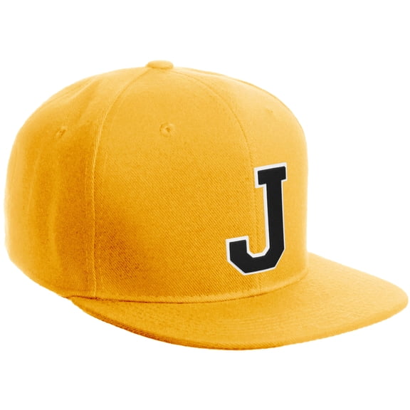 Daxton Classic Snapback Hat Custom A to Z Initial Varsity Letters, Gold Hat White Black Letter J