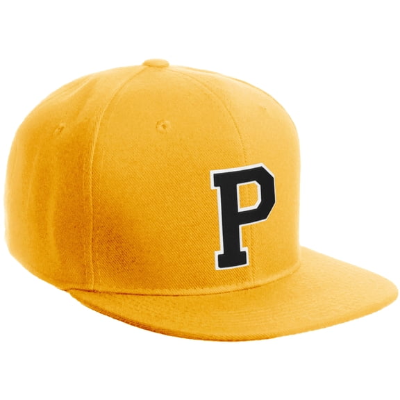 Daxton Classic Snapback Hat Custom A to Z Initial Varsity Letters, Gold Hat White Black Letter P