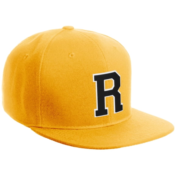 Daxton Classic Snapback Hat Custom A to Z Initial Varsity Letters, Gold Hat White Black Letter R