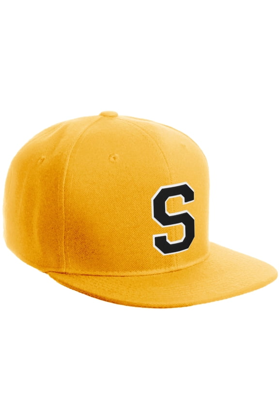 Classic Snapback Hat Custom A to Z Initial Varsity Letters, Gold Hat White Black Letter S