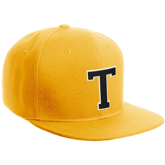 Daxton Classic Snapback Hat Custom A to Z Initial Varsity Letters, Gold Hat White Black Letter T