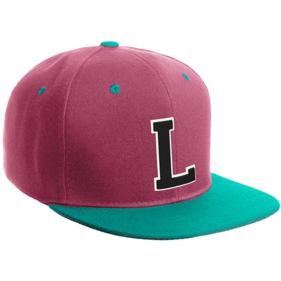 Daxton Classic Snapback Hat Custom A to Z Initial Varsity Letters, Hot Pink Aqua Hat White Black Letter L