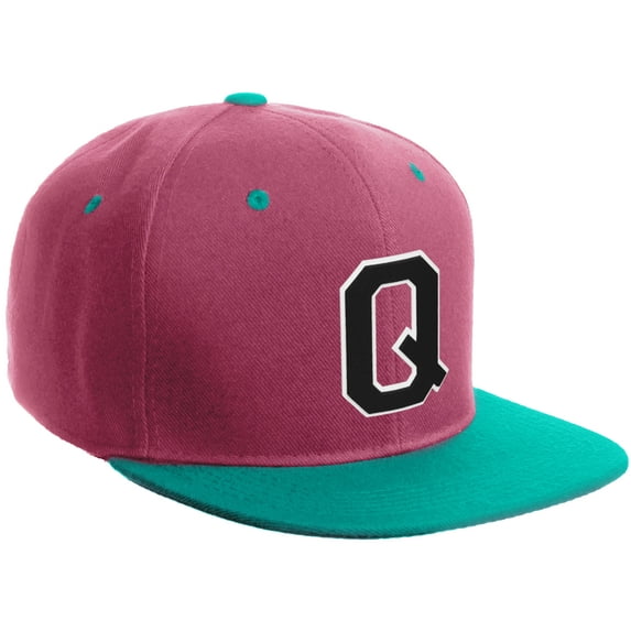 Daxton Classic Snapback Hat Custom A to Z Initial Varsity Letters, Hot Pink Aqua Hat White Black Letter Q