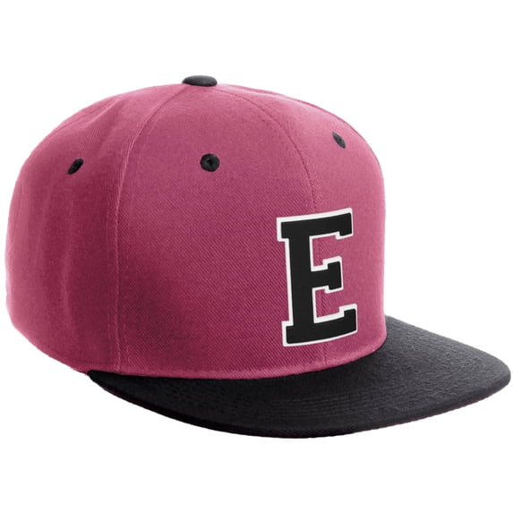 Daxton Classic Snapback Hat Custom A to Z Initial Varsity Letters, Hot Pink Black Hat White Black Letter E
