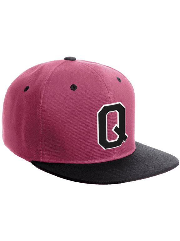 Classic Snapback Hat Custom A to Z Initial Varsity Letters, Hot Pink Black Hat White Black Letter Q