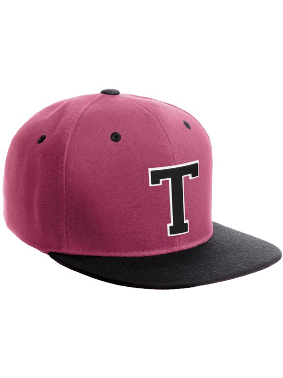 Classic Snapback Hat Custom A to Z Initial Varsity Letters, Hot Pink Black Hat White Black Letter T