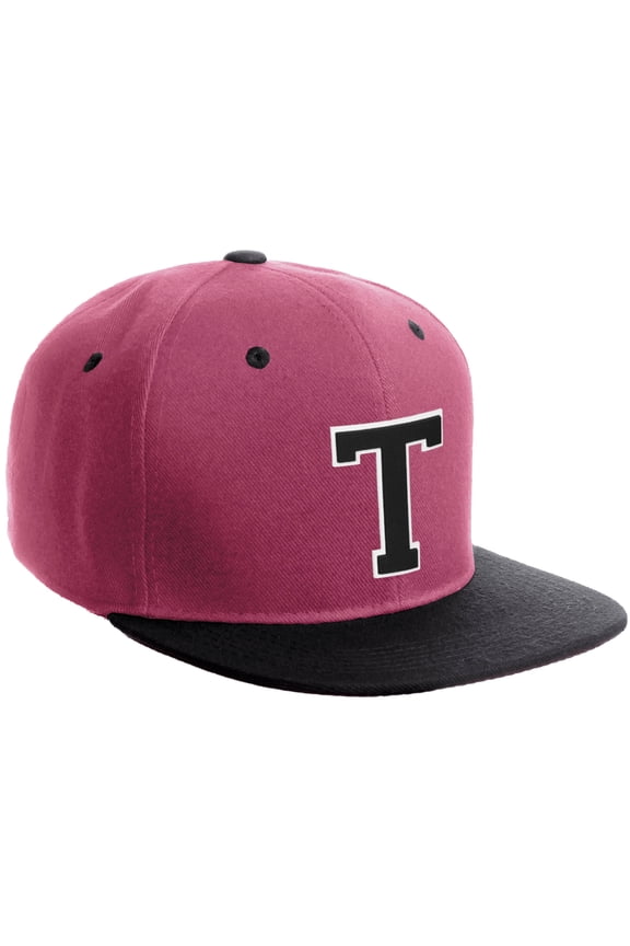 Classic Snapback Hat Custom A to Z Initial Varsity Letters, Hot Pink Black Hat White Black Letter T