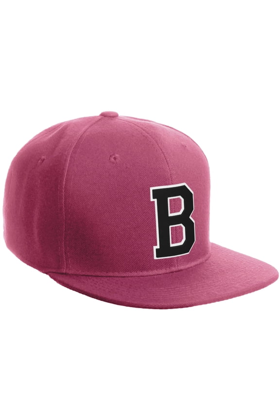 Classic Snapback Hat Custom A to Z Initial Varsity Letters, Hot Pink Hat White Black Letter B