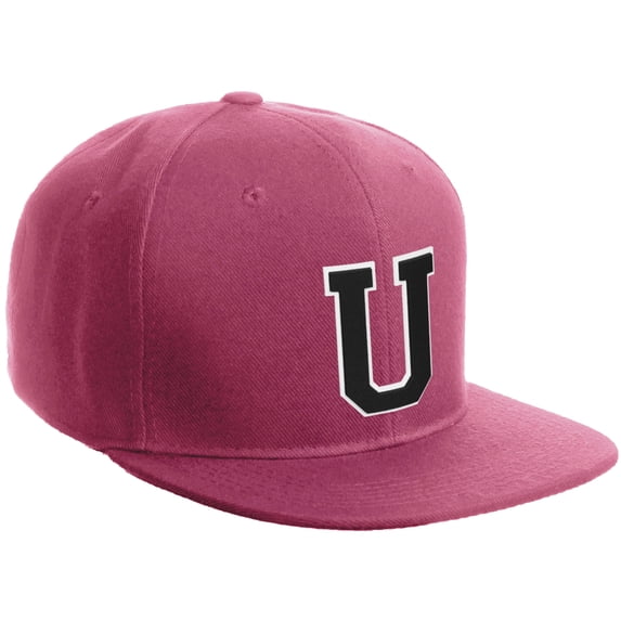 Daxton Classic Snapback Hat Custom A to Z Initial Varsity Letters, Hot Pink Hat White Black Letter U