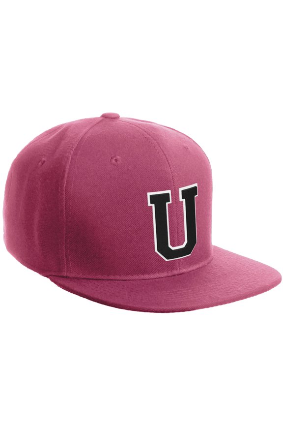 Classic Snapback Hat Custom A to Z Initial Varsity Letters, Hot Pink Hat White Black Letter U