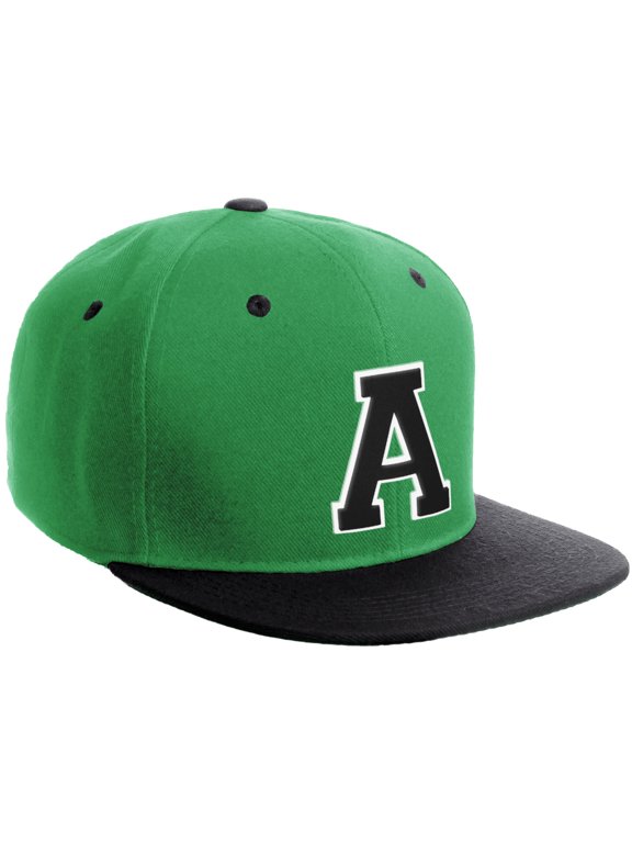 Classic Snapback Hat Custom A to Z Initial Varsity Letters, Kelly Green Black Hat White Black Letter A