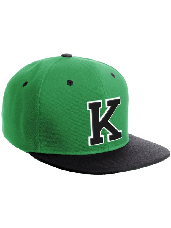 Classic Snapback Hat Custom A to Z Initial Varsity Letters, Kelly Green Black Hat White Black Letter K