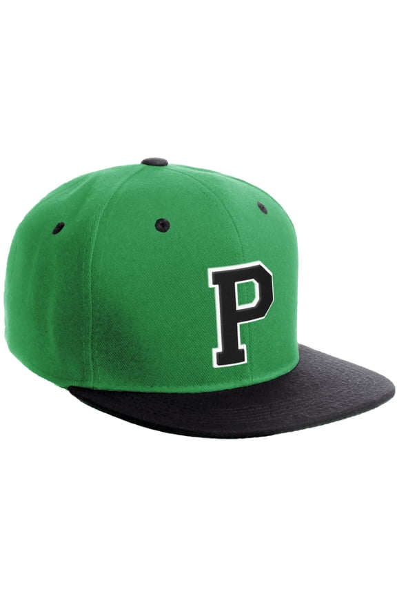 Classic Snapback Hat Custom A to Z Initial Varsity Letters, Kelly Green Black Hat White Black Letter P