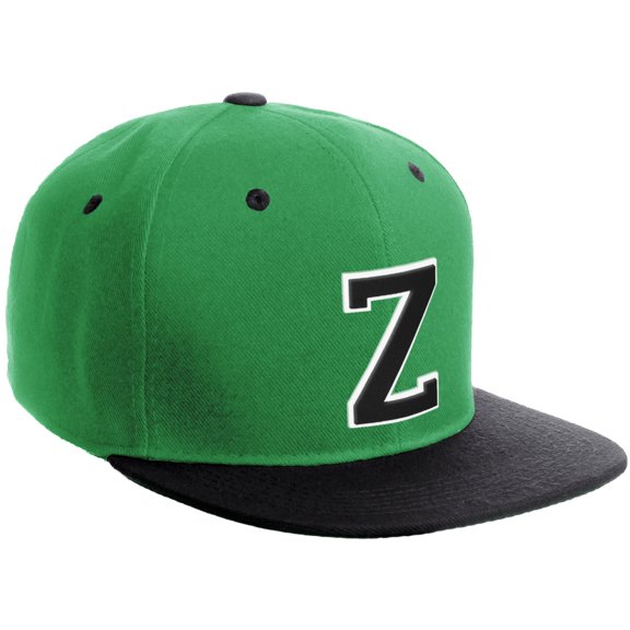 Daxton Classic Snapback Hat Custom A to Z Initial Varsity Letters, Kelly Green Black Hat White Black Letter Z